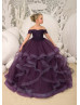 Beaded Purple Lace Tulle Ruffle Floor Length Flower Girl Dress